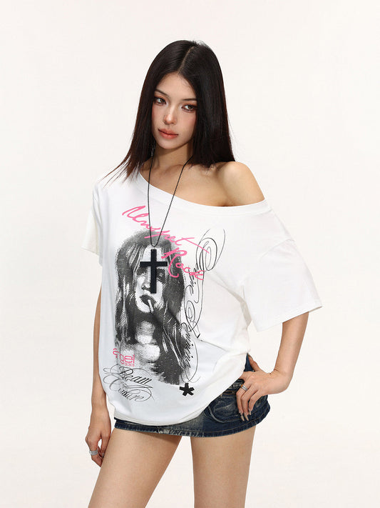 BIGGOLD Portrait Print Off-Shoulder T-Shirt - view 2