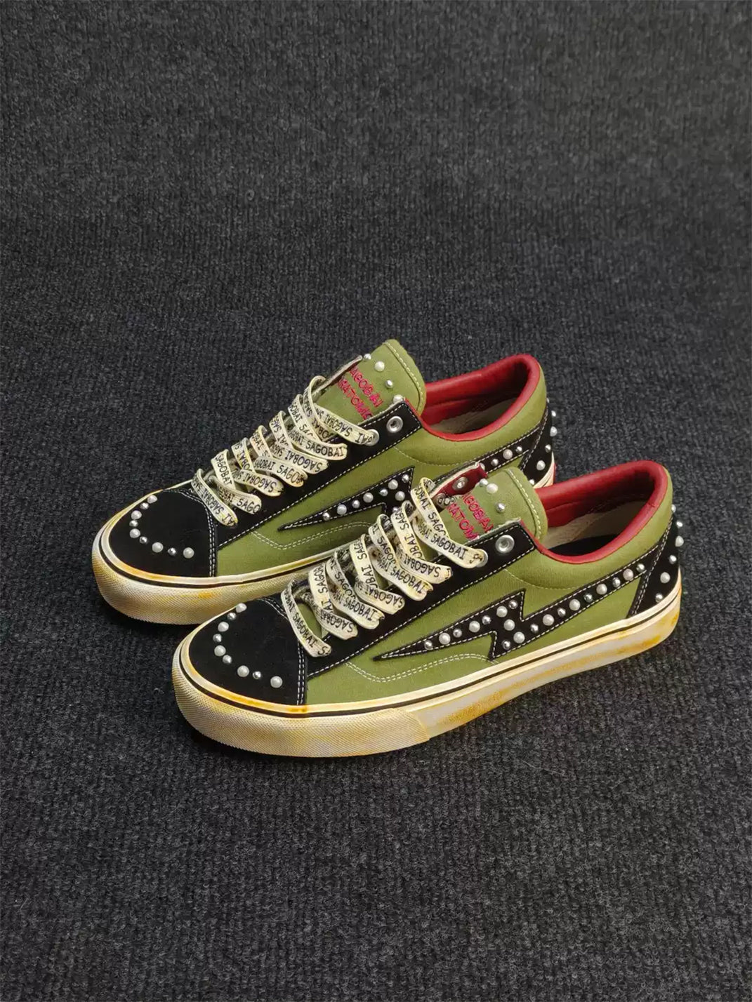 ZDZZFT Distressed Lightning Studded Low Top Skate Sneakers - Black Green