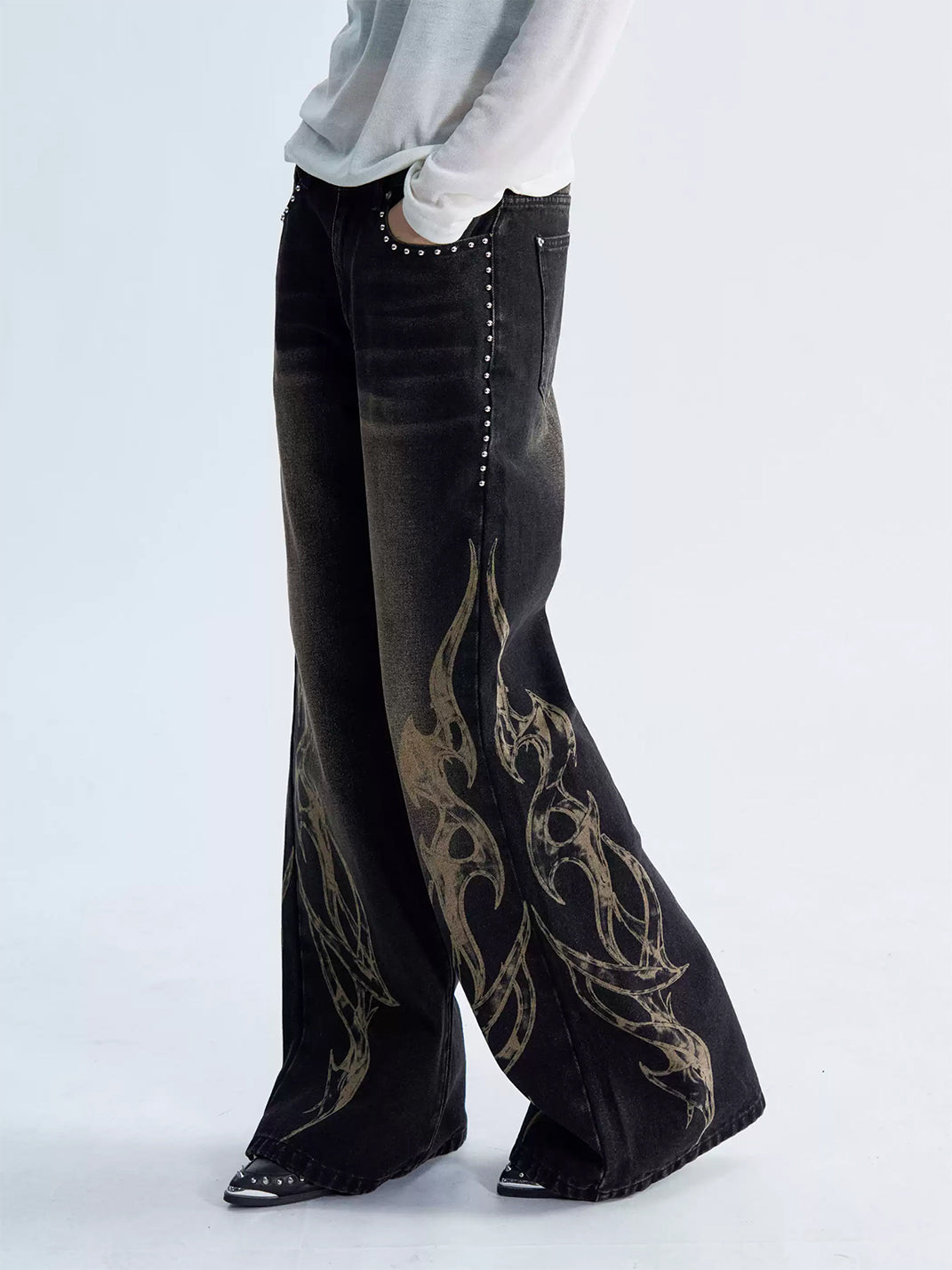 PAIKI Distressed Washed Flame Print Studded Wide Leg Jeans - view 2