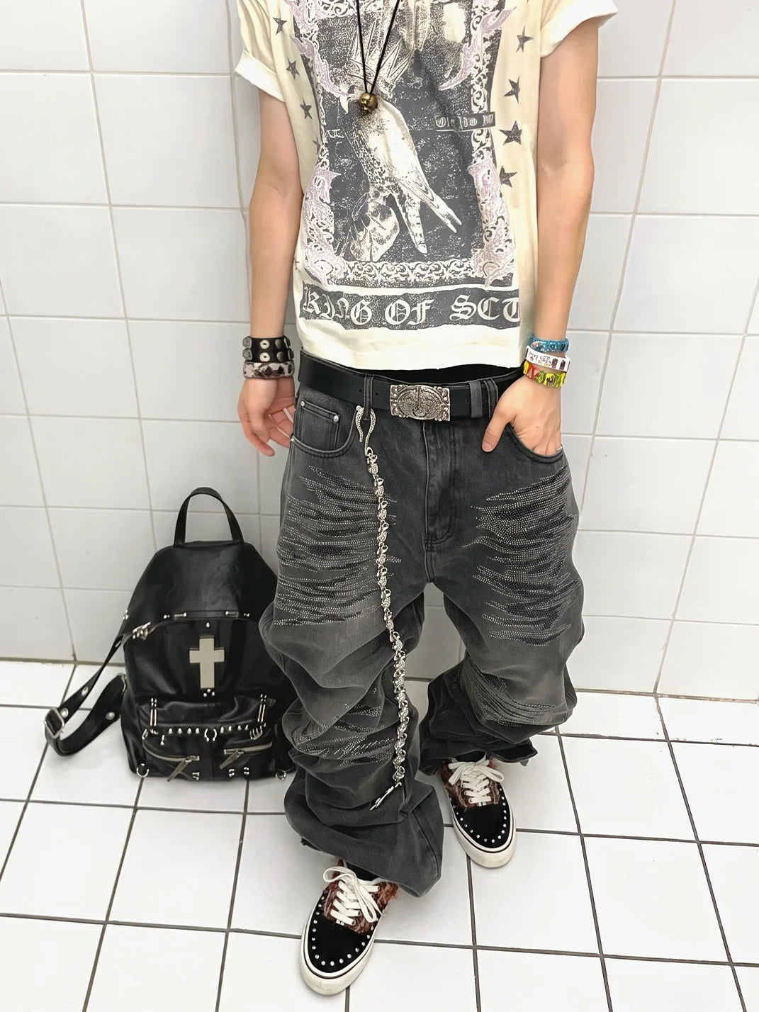 ZDZZFT Studded Rhinestone Mohair Punk Distressed Low-Cut Sneakers - view 3