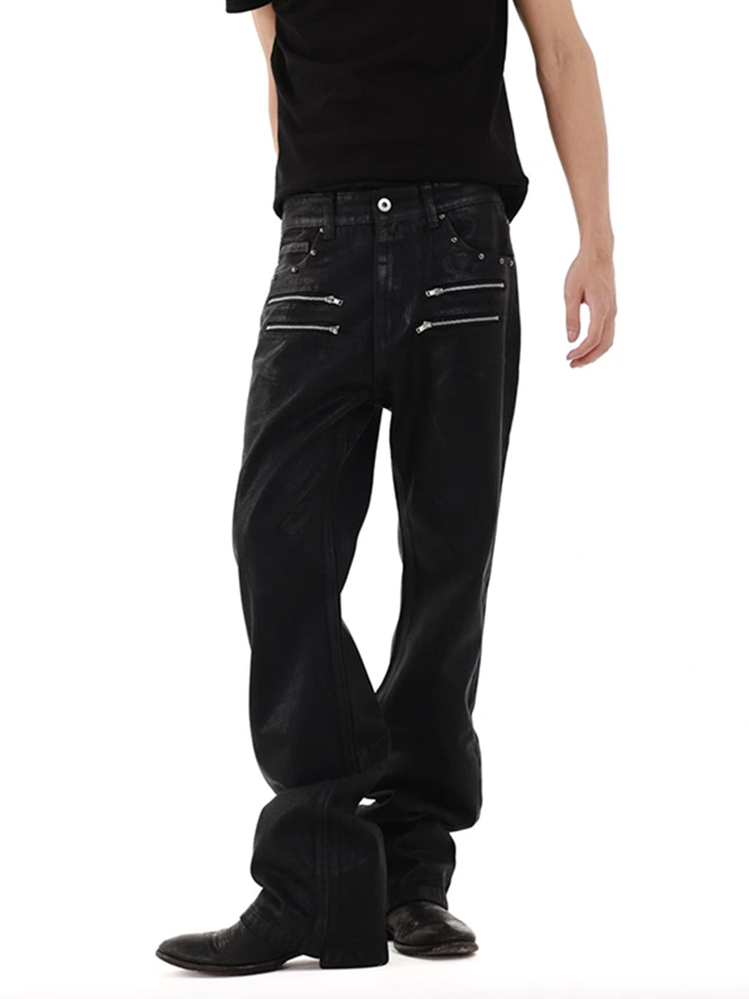 DETW Wax-Coated Asymmetric Stacked Jeans - view 3