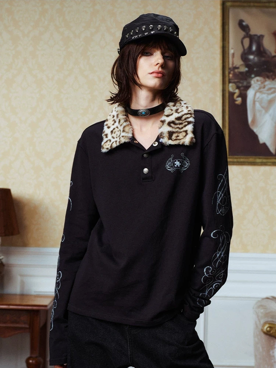 YADcrew Removable Leopard Collar Long Sleeve Polo Shirt - view 3