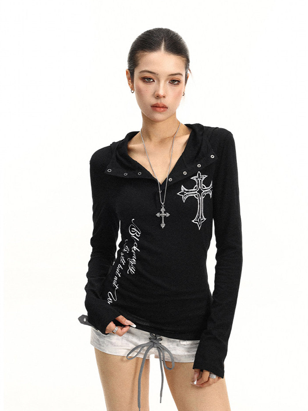 BIGGOLD Henley Neck Cross Printed Long Sleeve T-Shirt - view 3
