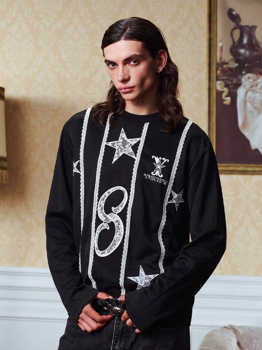 YADcrew Unisex Lace Stripe Embroidered Long Sleeve Top - view 3