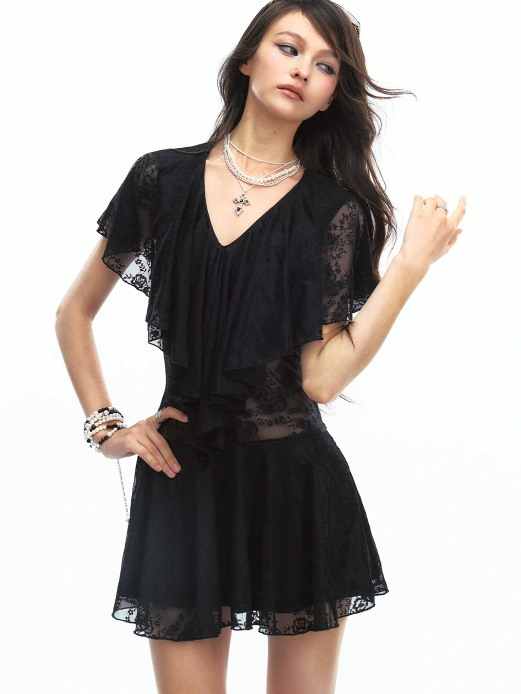 SereneEase Sheer Lace Deep V-Neck Close-Fit Mini Dress - view 3