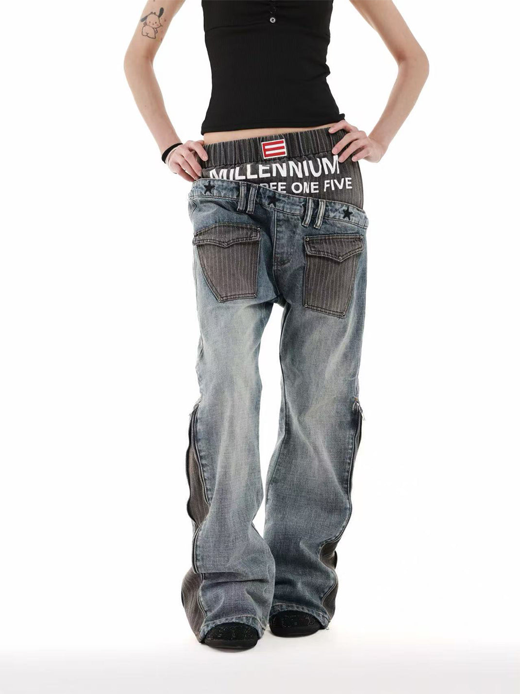 DETW Double Waist Diagonal Paneled Striped Print Jeans - view 3