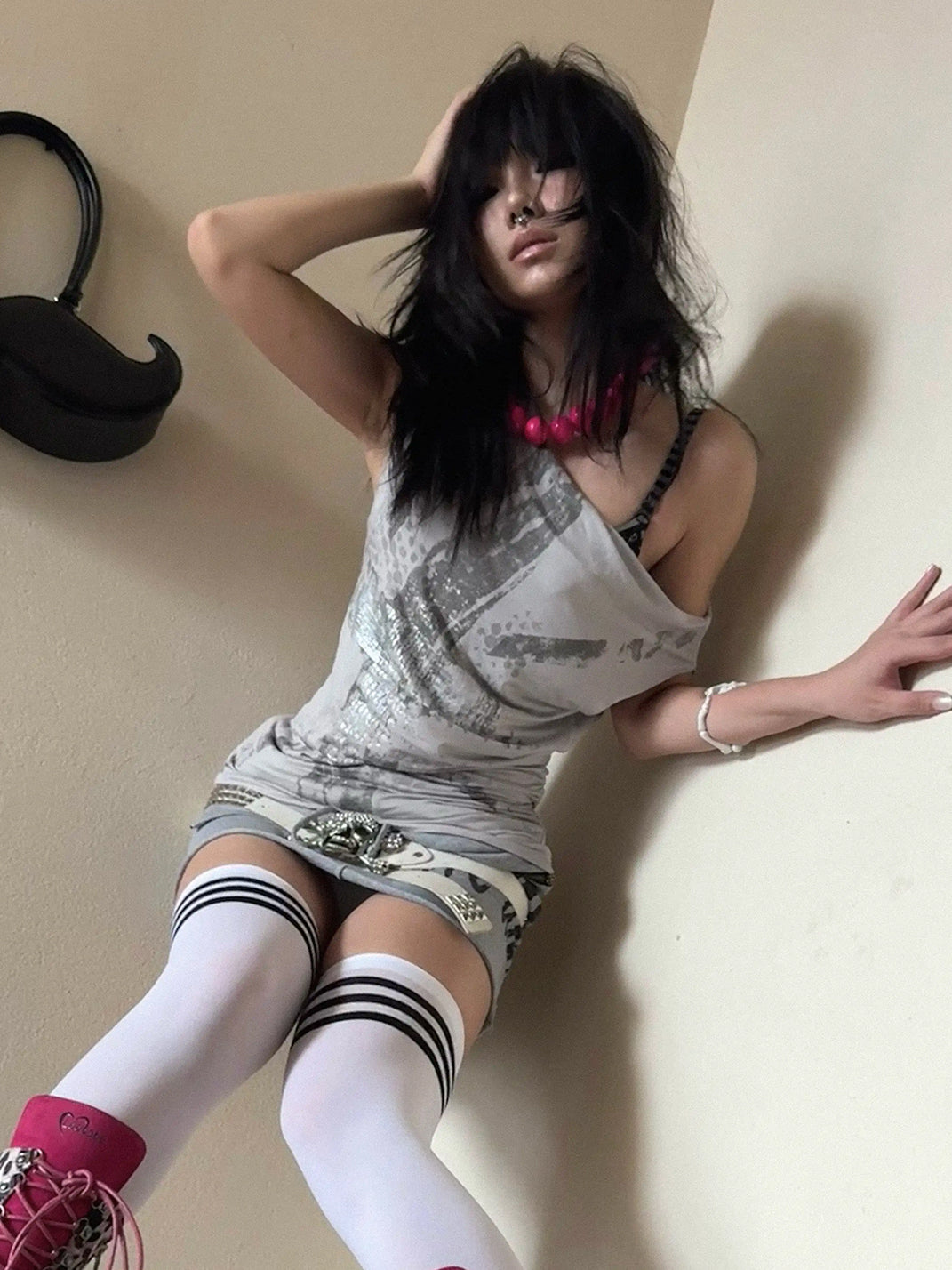 Imdelusion Asymmetric One-Shoulder Union Jack Silver Foil Graphic Tank Top - view 3