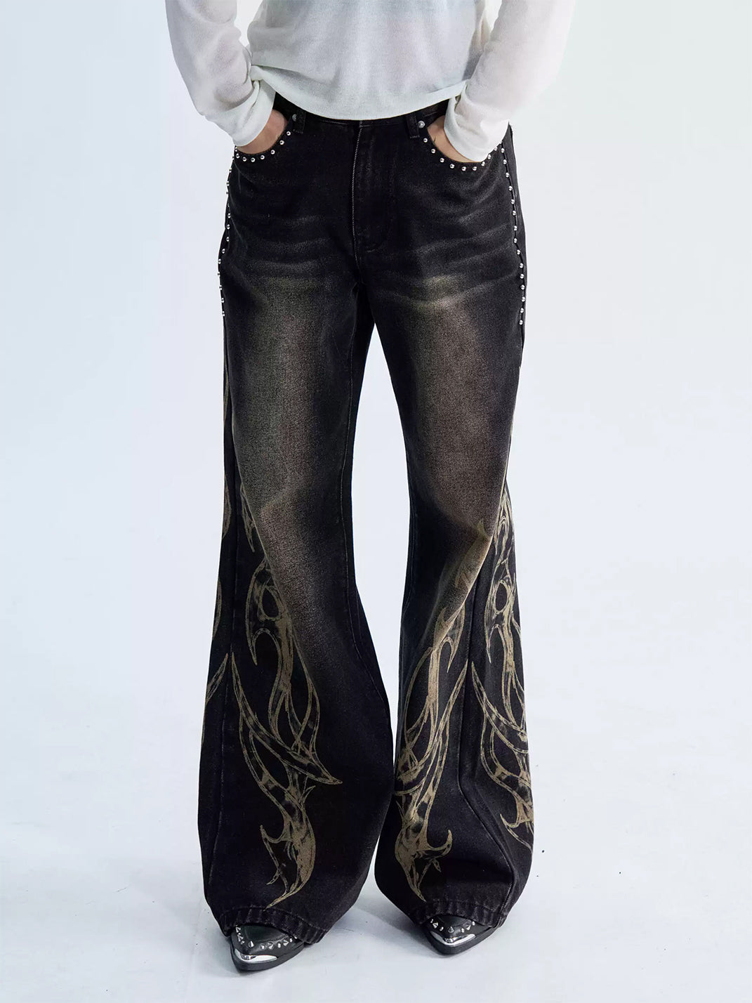PAIKI Distressed Washed Flame Print Studded Wide Leg Jeans - view 3