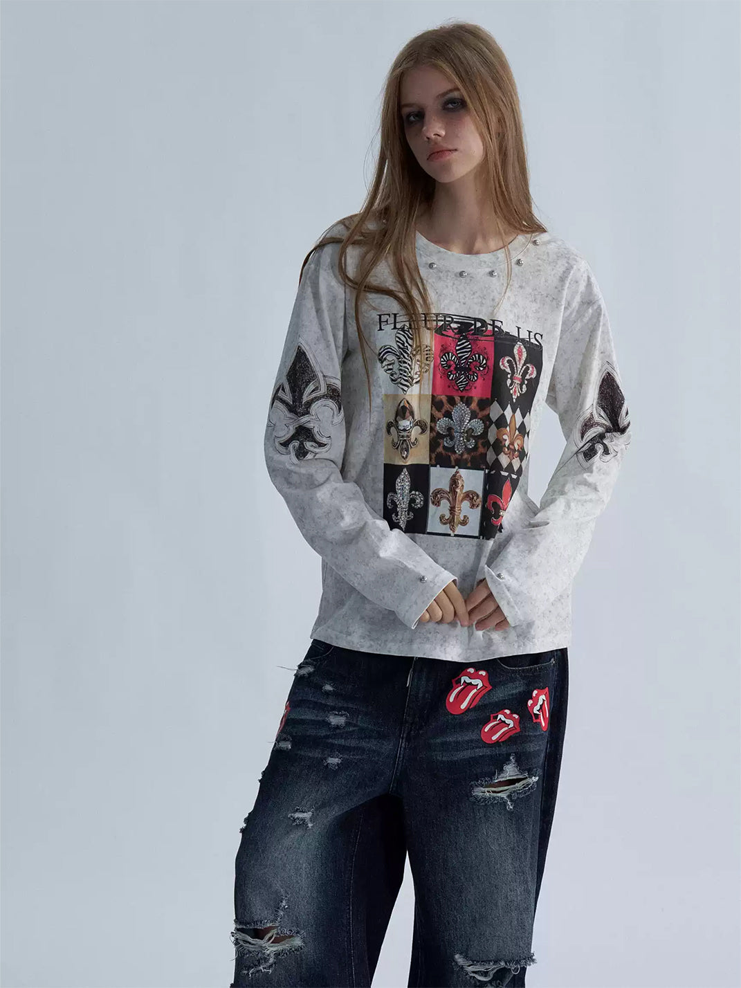 PAIKI Distressed Fleur-De-Lis Checkered Long Sleeve Tee - view 3