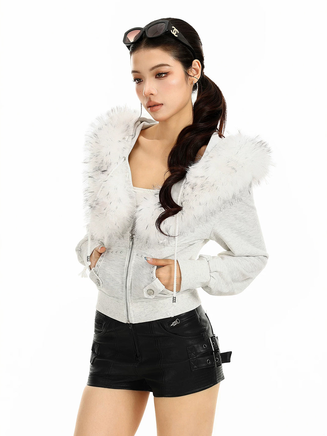 BIGGOLD Short Detachable Fur Trim Hooded Zip Jacket - view 3