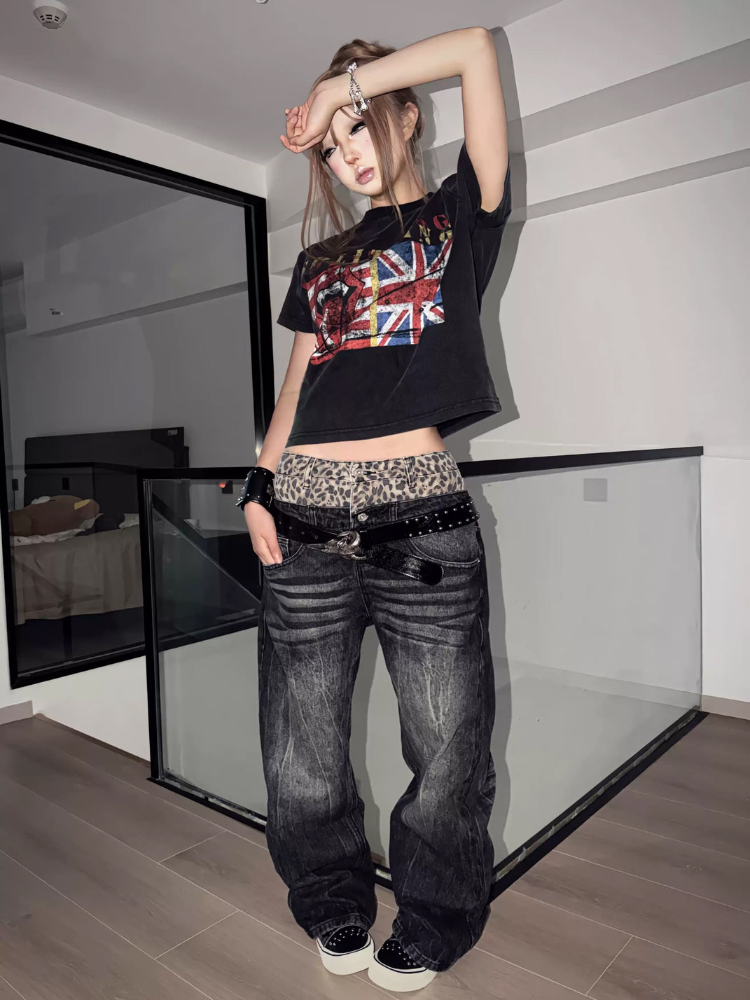 NumbAsia Leopard-Trim Washed Baggy Jeans - view 3