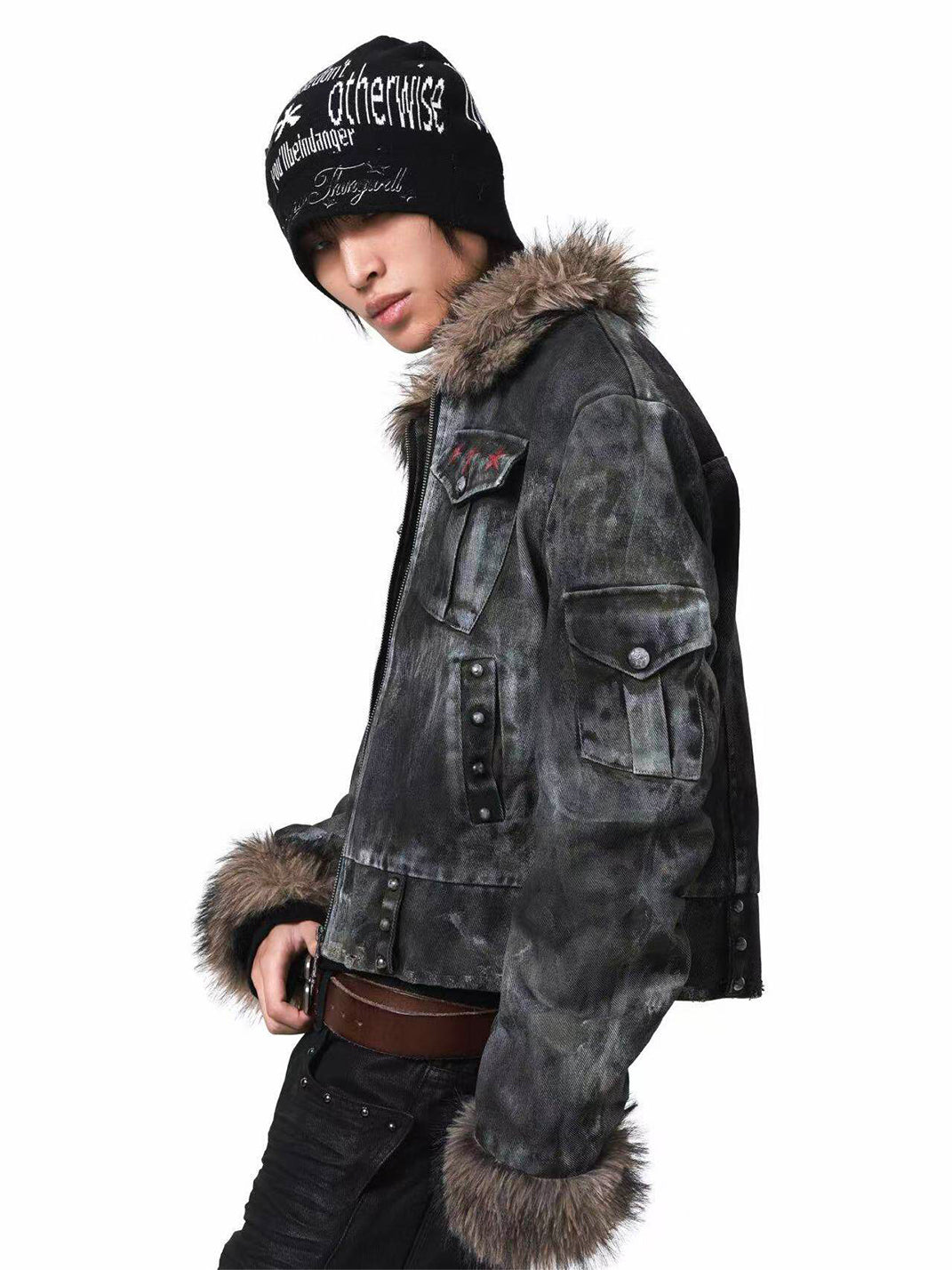 DETW Asymmetric Distressed Studded Fur Collar Jacket - view 3