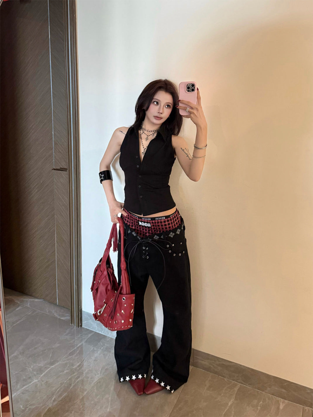 DETW Drawstring Lace-Up Color-Blocked Curved Jeans - view 3