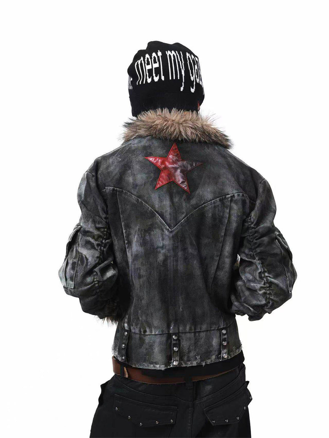 DETW Asymmetric Distressed Studded Fur Collar Jacket - view 4