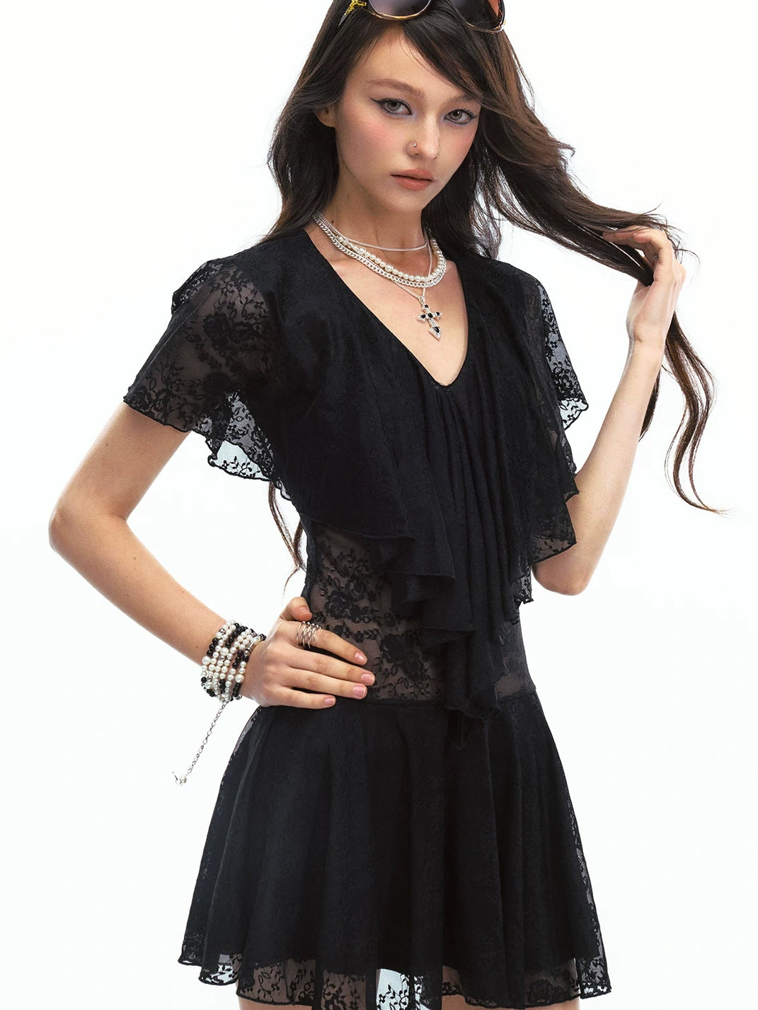 SereneEase Sheer Lace Deep V-Neck Close-Fit Mini Dress - view 4