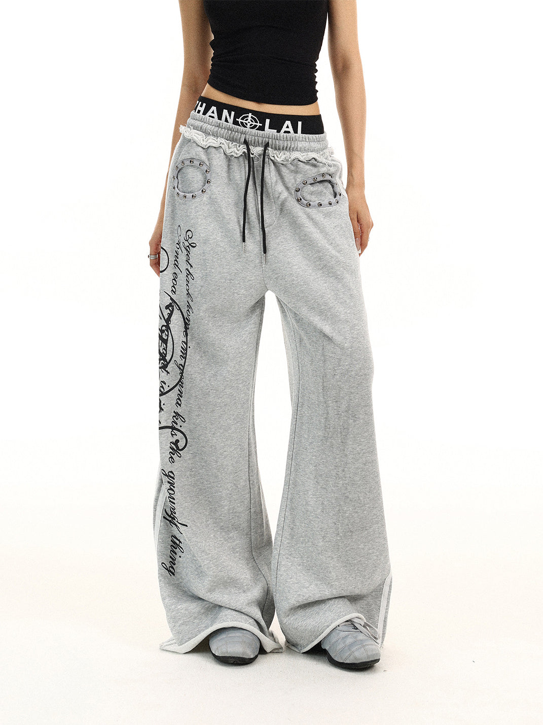 BIGGOLD Studded Fake Two-Piece Double Waist Script Printed Sweatpants - view 4