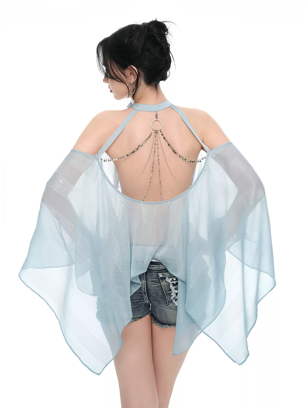 JYOSEI Light Blue Sheer Chiffon Off-Shoulder Chain Trim Top - view 4