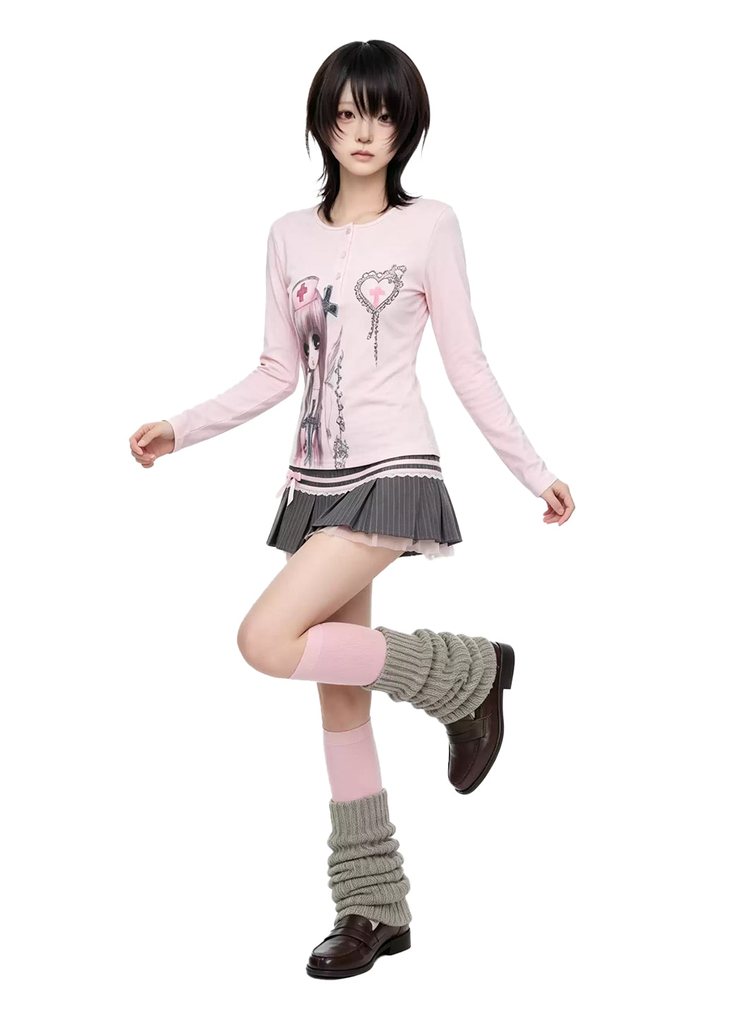 WEBBAR Pink Anime Cartoon Graphic Long Sleeve T-Shirt - view 4