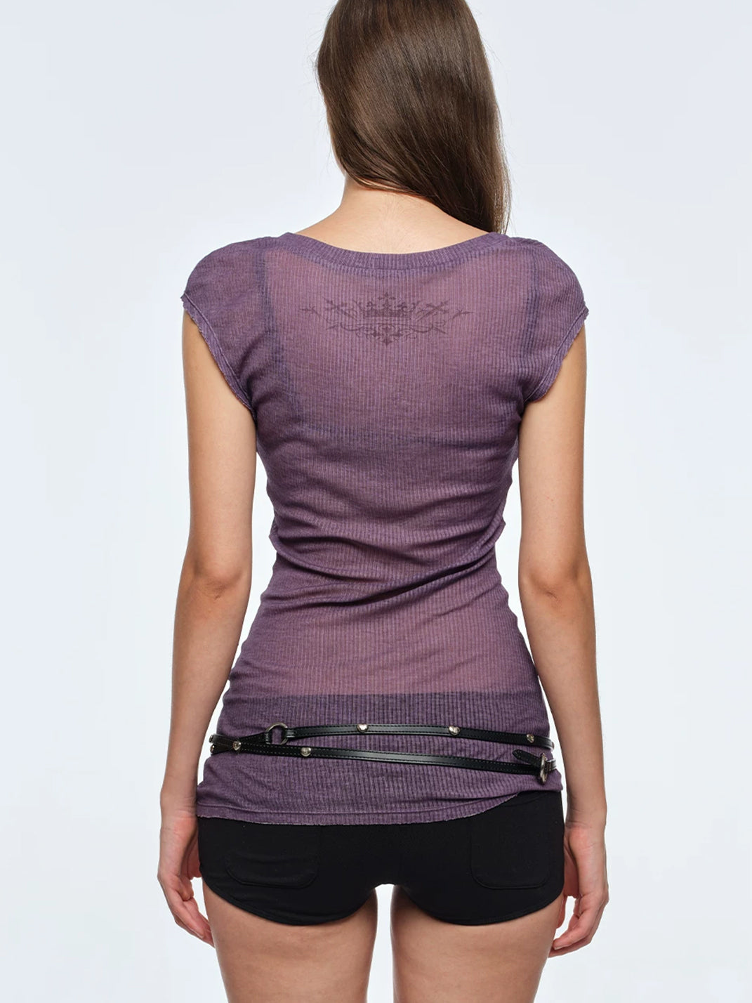 BUM STUDIO Ribbed Cap Sleeve Distressed Sheer T-Shirt - view 4