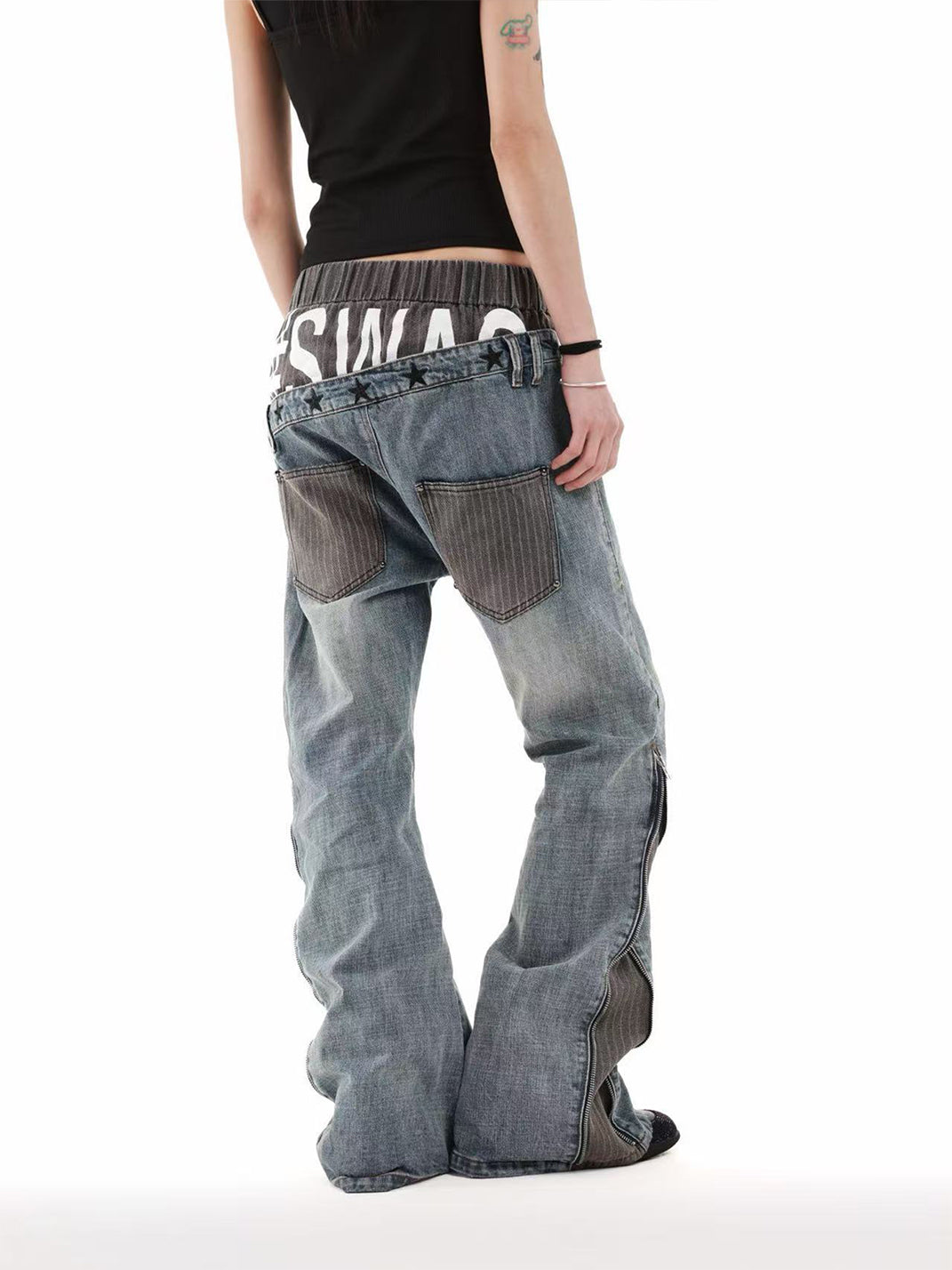 DETW Double Waist Diagonal Paneled Striped Print Jeans - view 4