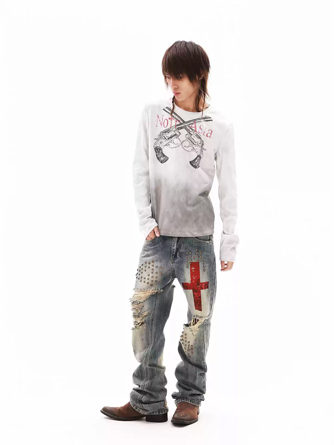 DETW Washed Distressed Dirty Dye Dual Gun Slogan Graphic Long Sleeve T-Shirt - view 4