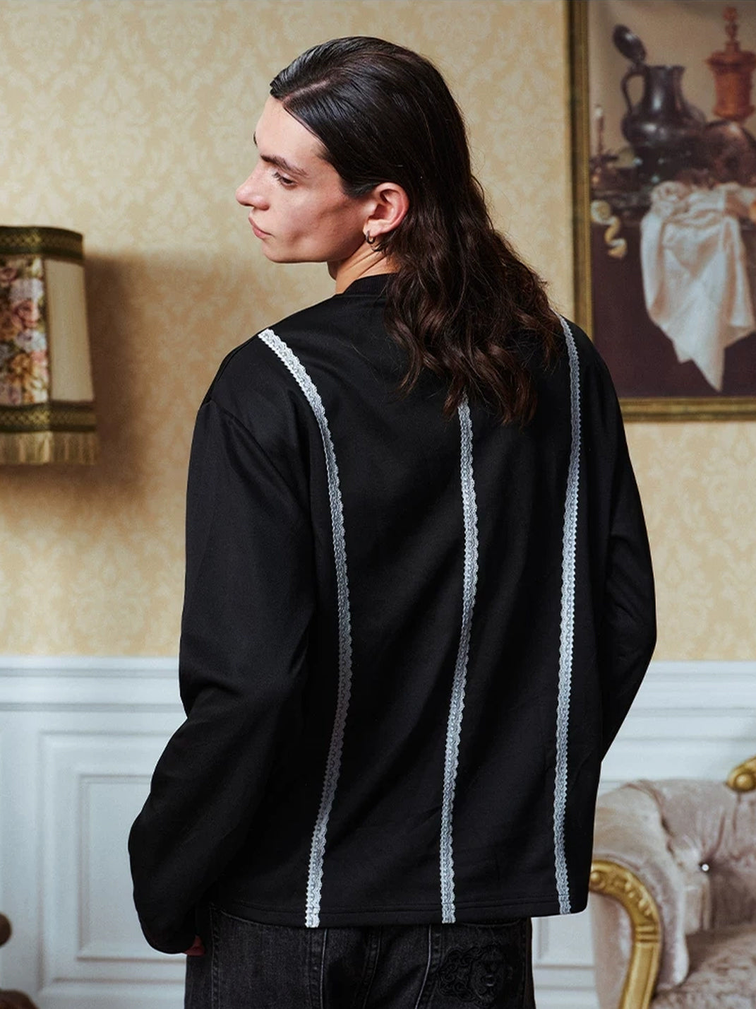 YADcrew Unisex Lace Stripe Embroidered Long Sleeve Top - view 4