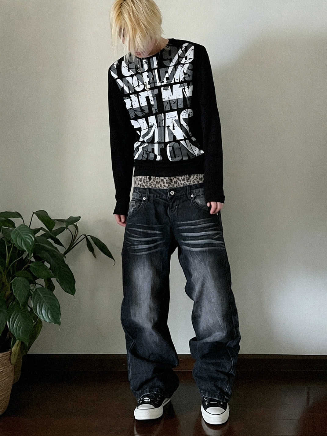 NumbAsia Leopard-Trim Washed Baggy Jeans - view 4