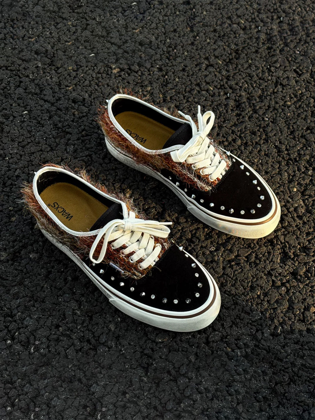 ZDZZFT Studded Rhinestone Mohair Punk Distressed Low-Cut Sneakers - Black and Brown