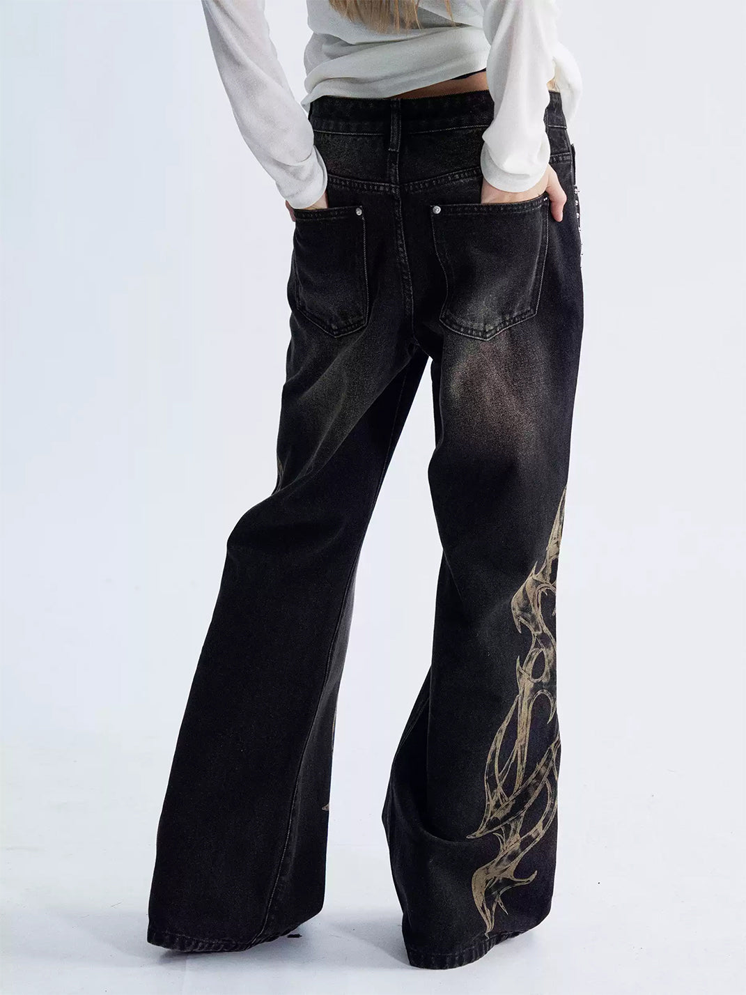 PAIKI Distressed Washed Flame Print Studded Wide Leg Jeans - view 4