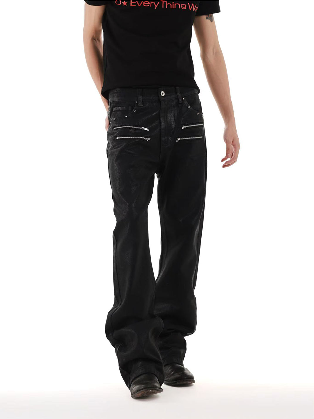 DETW Wax-Coated Asymmetric Stacked Jeans - view 4