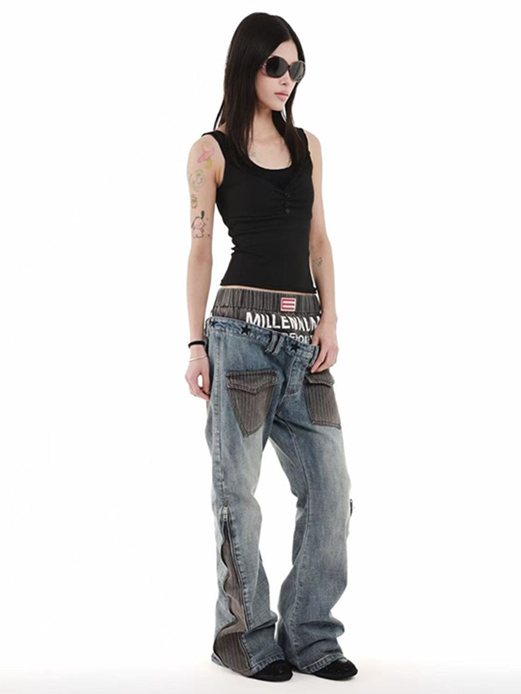 DETW Double Waist Diagonal Paneled Striped Print Jeans - view 5