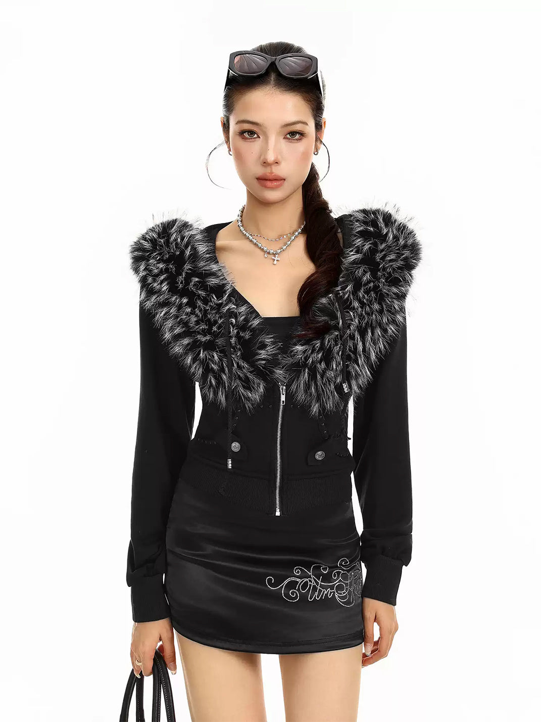 BIGGOLD Short Detachable Fur Trim Hooded Zip Jacket - Black