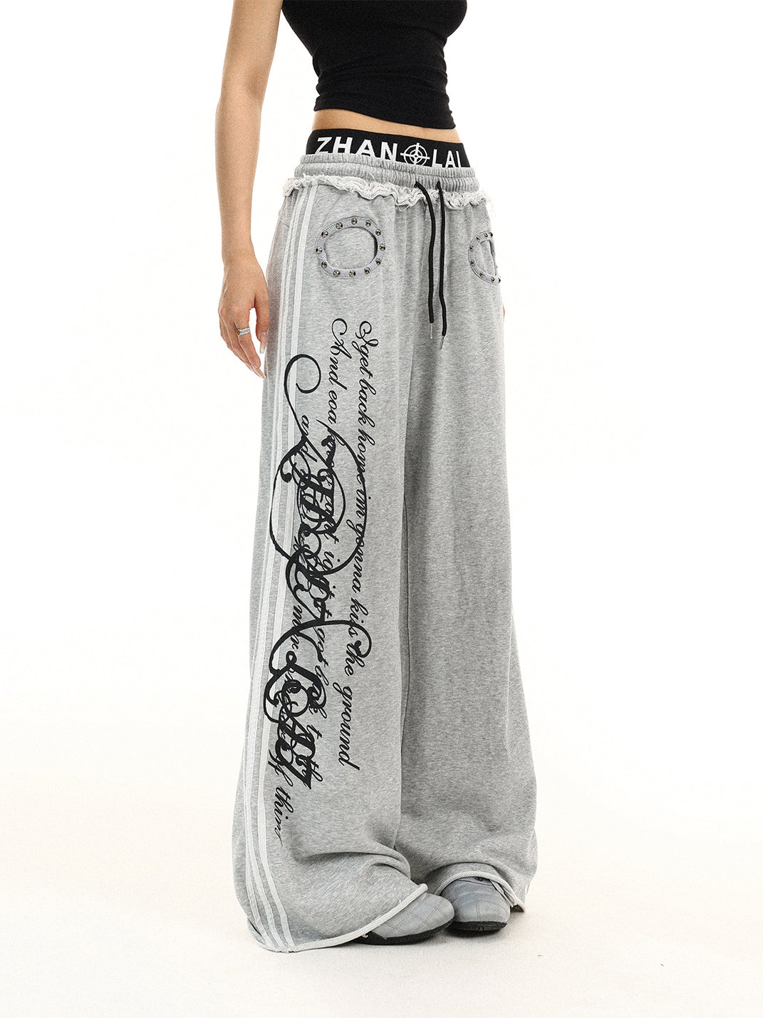 BIGGOLD Studded Fake Two-Piece Double Waist Script Printed Sweatpants - view 5