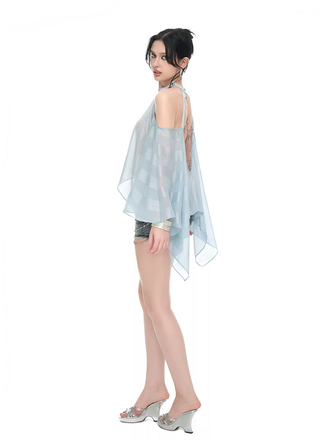 JYOSEI Light Blue Sheer Chiffon Off-Shoulder Chain Trim Top - view 5