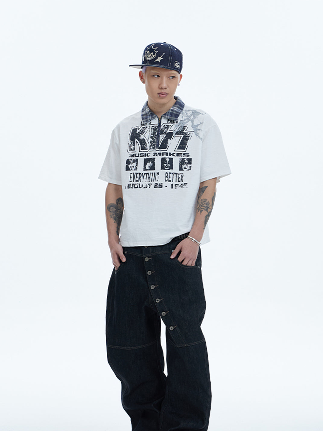 DND4DES Curved Diagonal Button Fly Baggy Raw Jeans - view 5