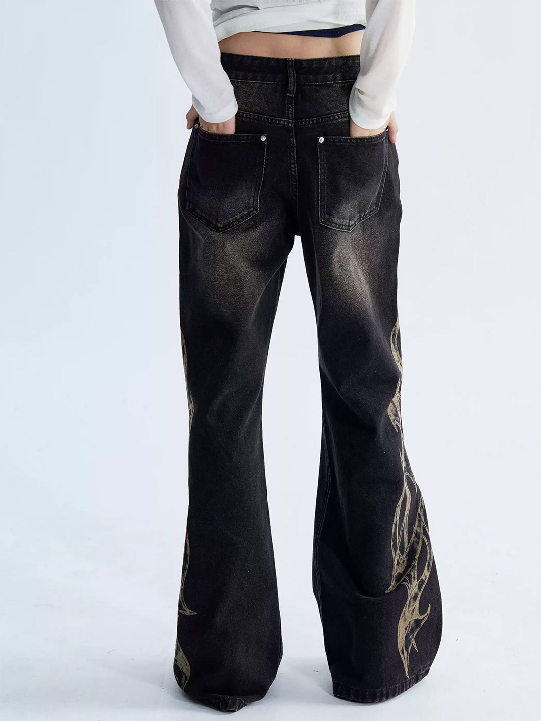PAIKI Distressed Washed Flame Print Studded Wide Leg Jeans - view 5