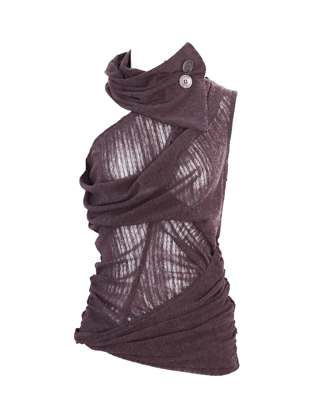 Flowers birds Market Asymmetric High Neck Gathered Knit Tank Top - Burgundy Purple