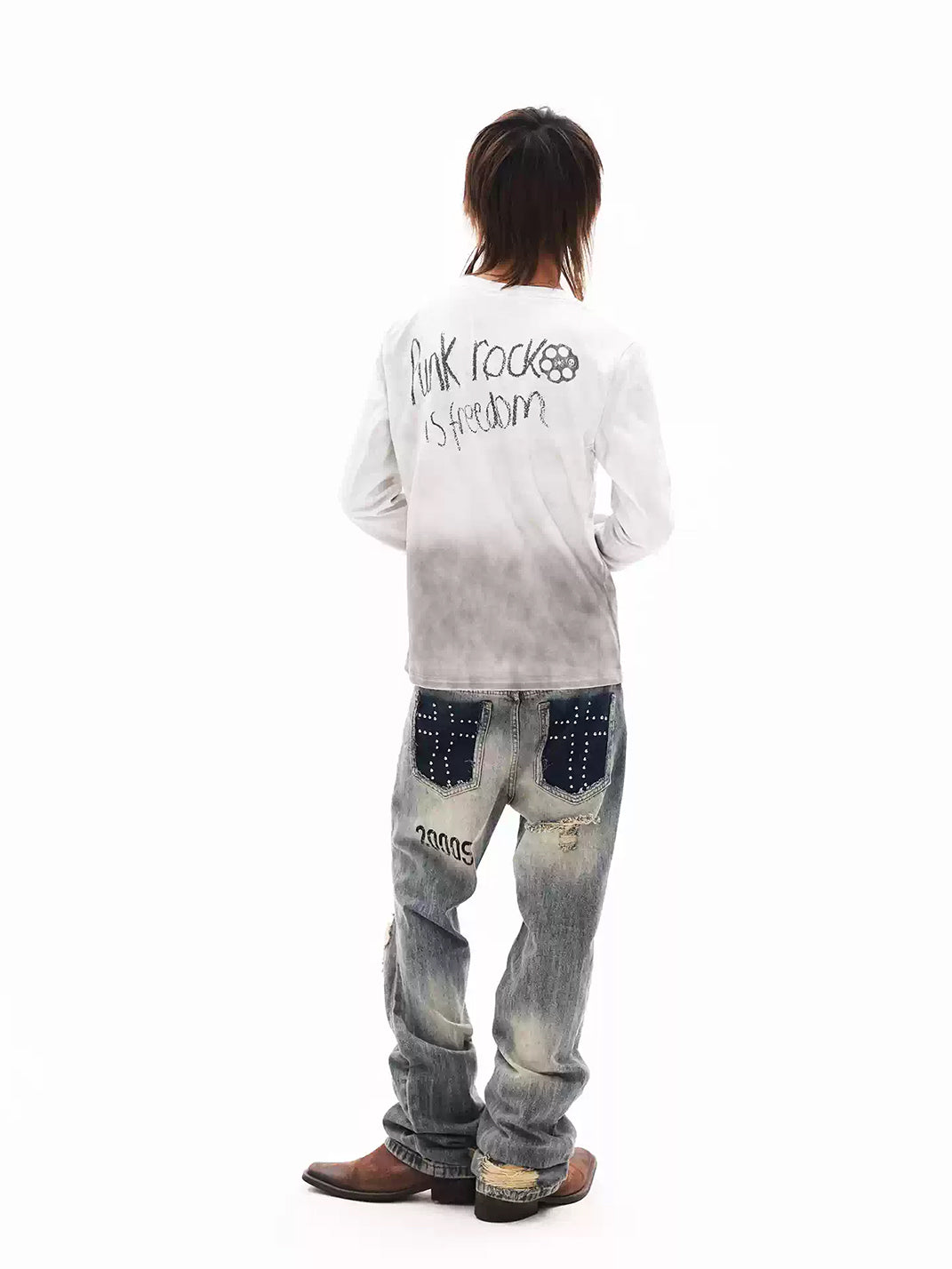 DETW Washed Distressed Dirty Dye Dual Gun Slogan Graphic Long Sleeve T-Shirt - view 5