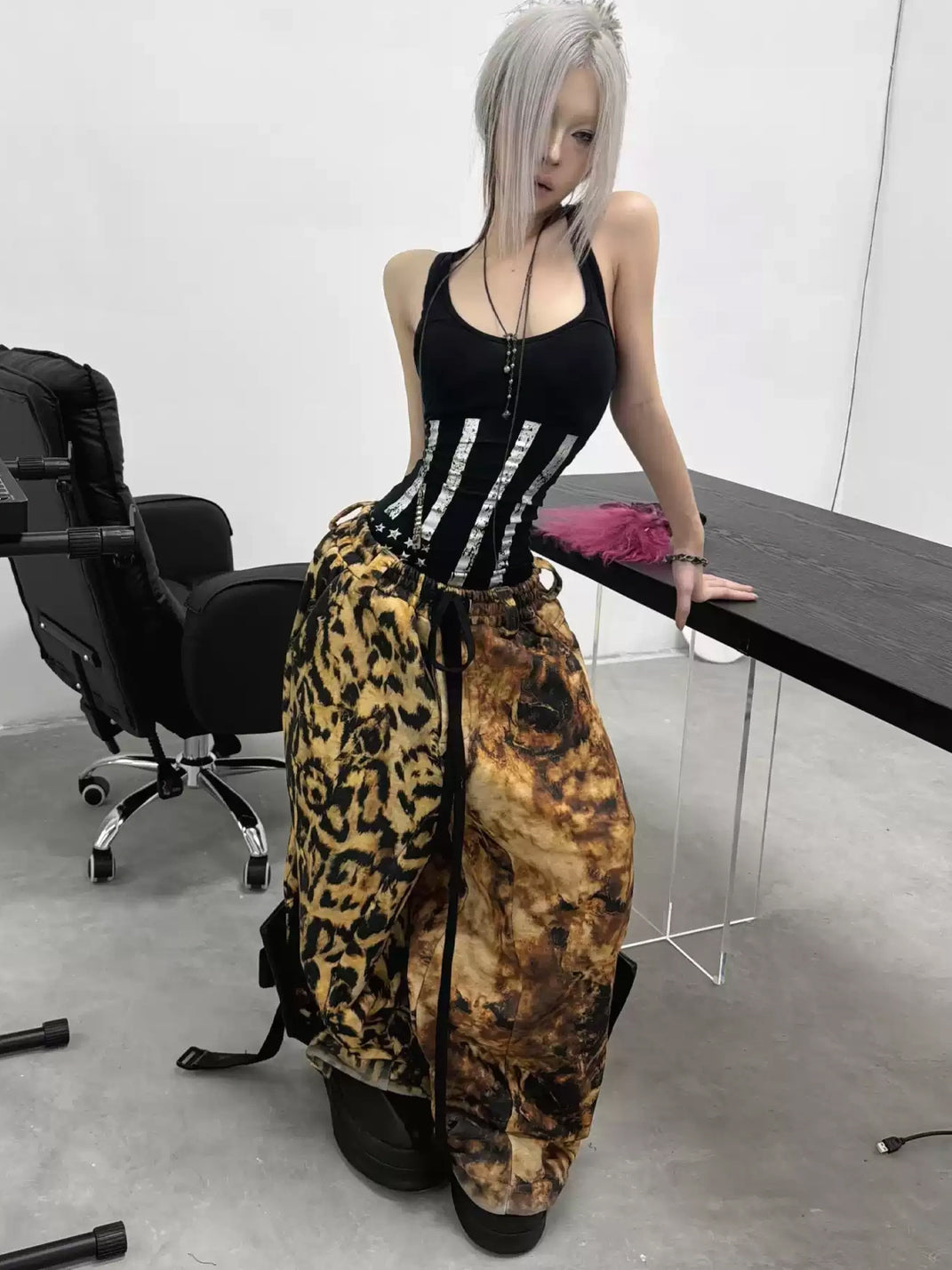 DARKRTPTS Distressed Leopard Print Drawstring Relaxed Wide-Leg Sweatpants - view 5