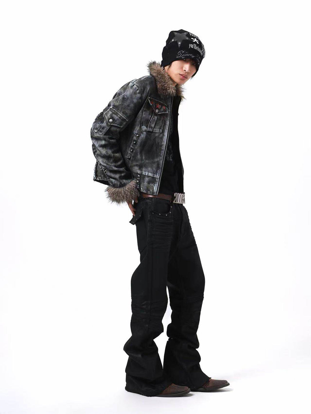 DETW Asymmetric Distressed Studded Fur Collar Jacket - view 5