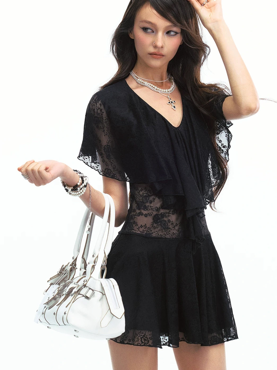 SereneEase Sheer Lace Deep V-Neck Close-Fit Mini Dress - view 5