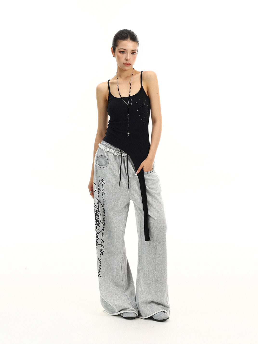 BIGGOLD Studded Fake Two-Piece Double Waist Script Printed Sweatpants - view 6