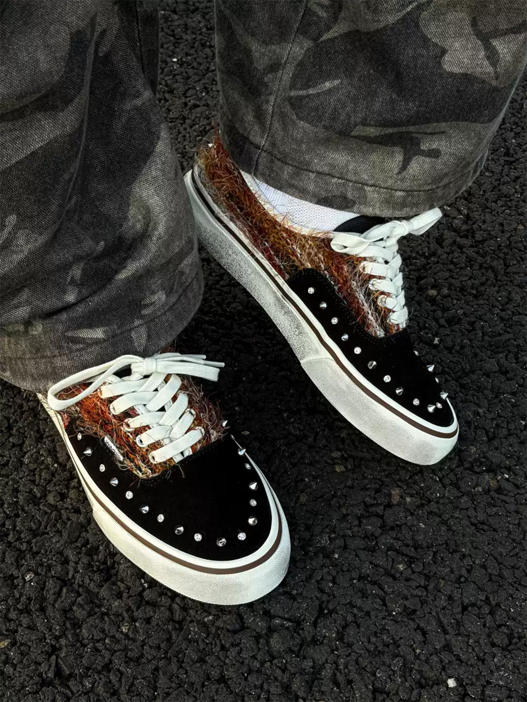 ZDZZFT Studded Rhinestone Mohair Punk Distressed Low-Cut Sneakers - view 6