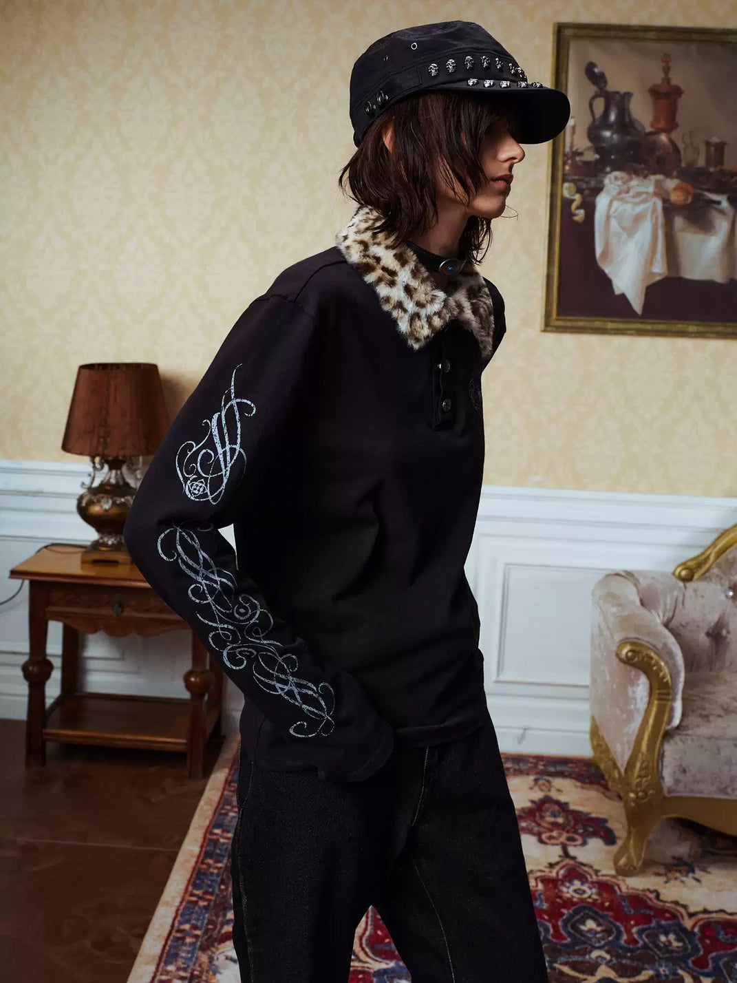 YADcrew Removable Leopard Collar Long Sleeve Polo Shirt - view 6