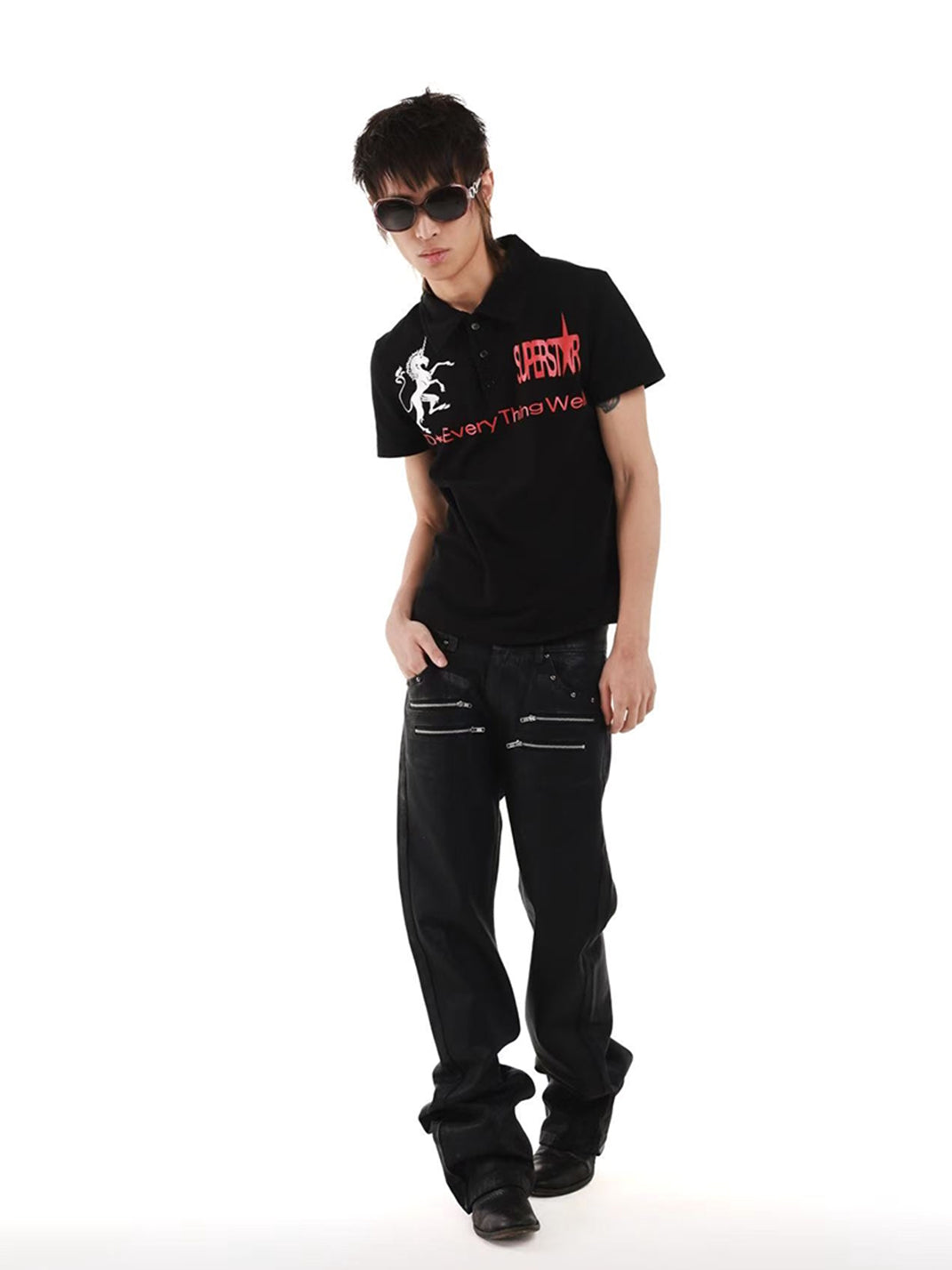 DETW Wax-Coated Asymmetric Stacked Jeans - view 6