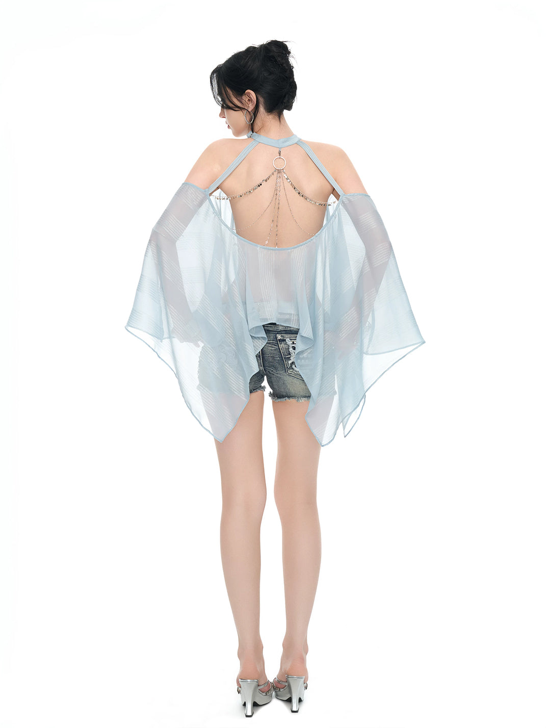 JYOSEI Light Blue Sheer Chiffon Off-Shoulder Chain Trim Top - view 6