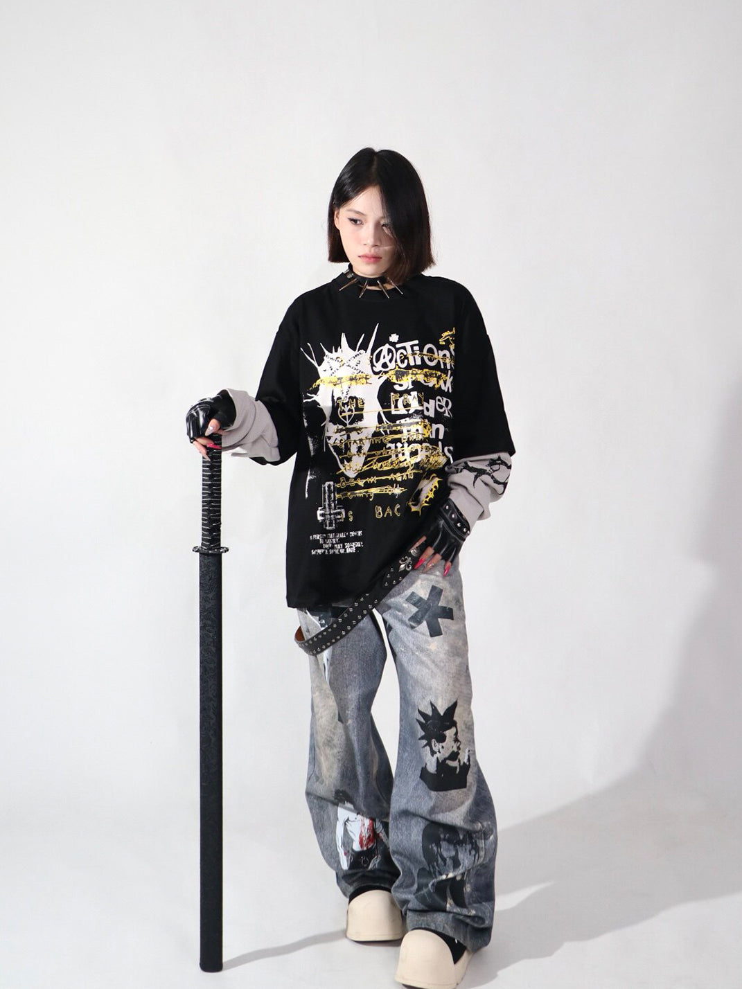 YIZILINGF 3D Printed Punk Graphic Jeans - view 6