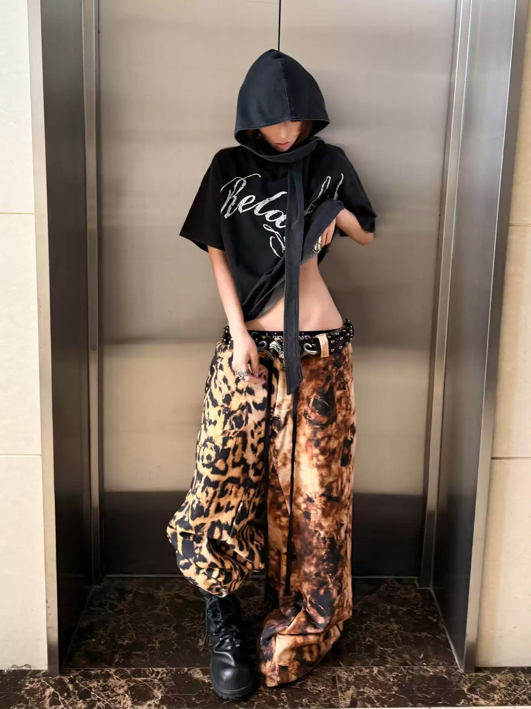 DARKRTPTS Distressed Leopard Print Drawstring Relaxed Wide-Leg Sweatpants - view 6
