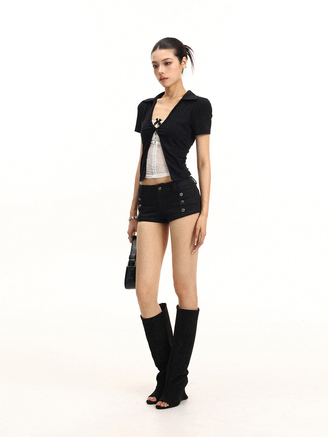 BIGGOLD V-Neck Faux Two-Piece Lace Spliced T-Shirt - view 6