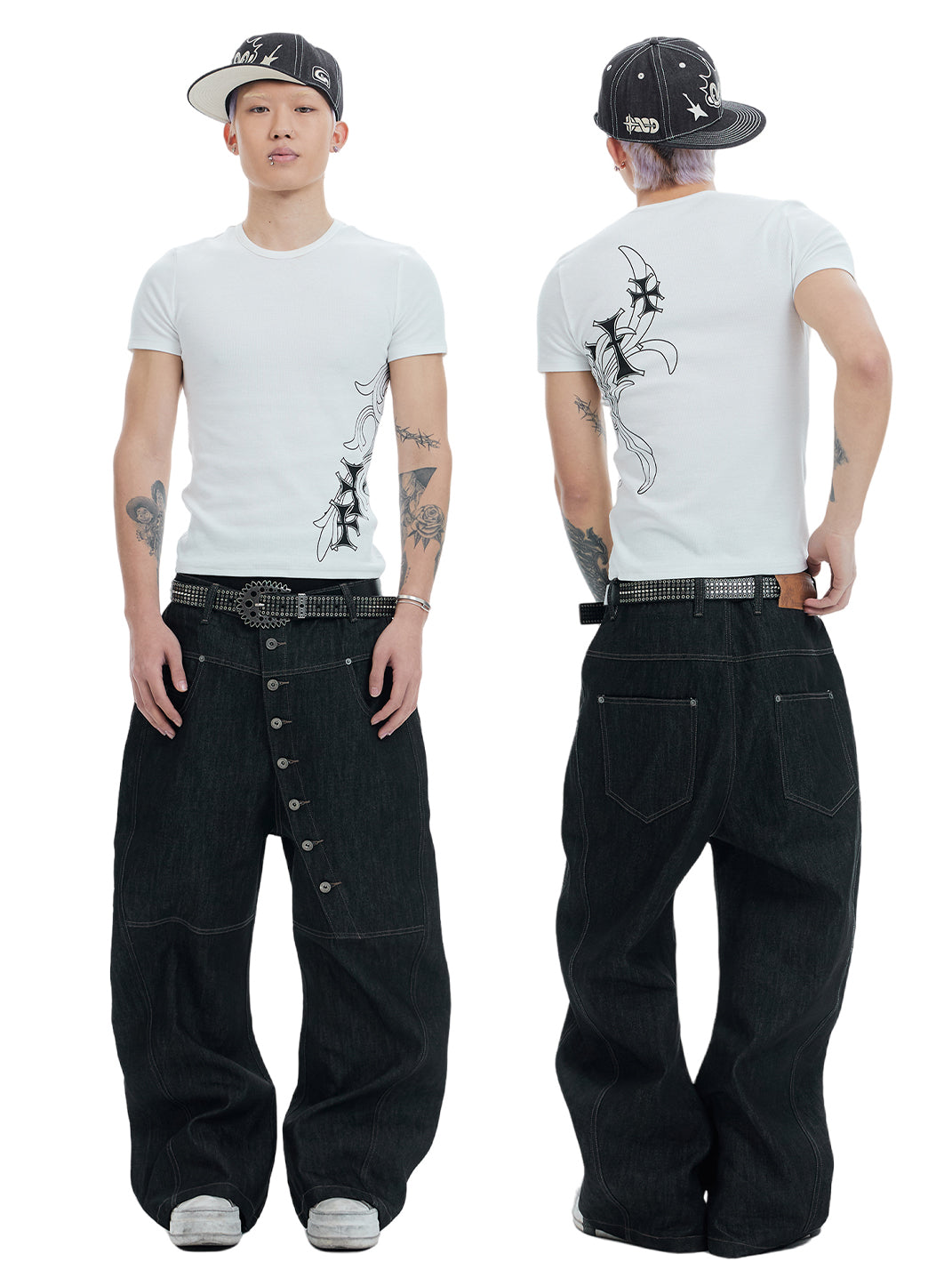 DND4DES Curved Diagonal Button Fly Baggy Raw Jeans - view 6